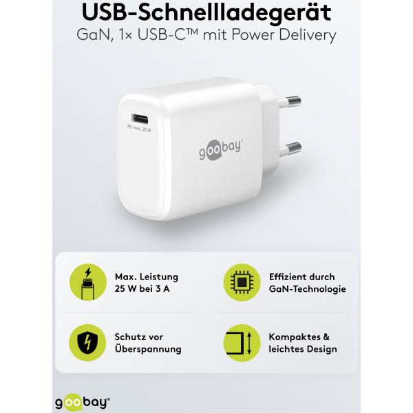 Alimentador USB C com Ficha Europeia 3,3÷5,9VDC 25W Branca – GOOBAY