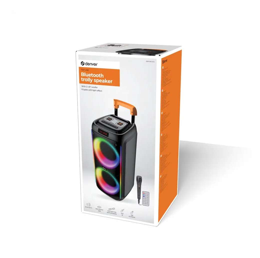 Coluna Amplificada 2x8" 600W USB/BT/SD/AUX TWS RGB DENVER - Image 2